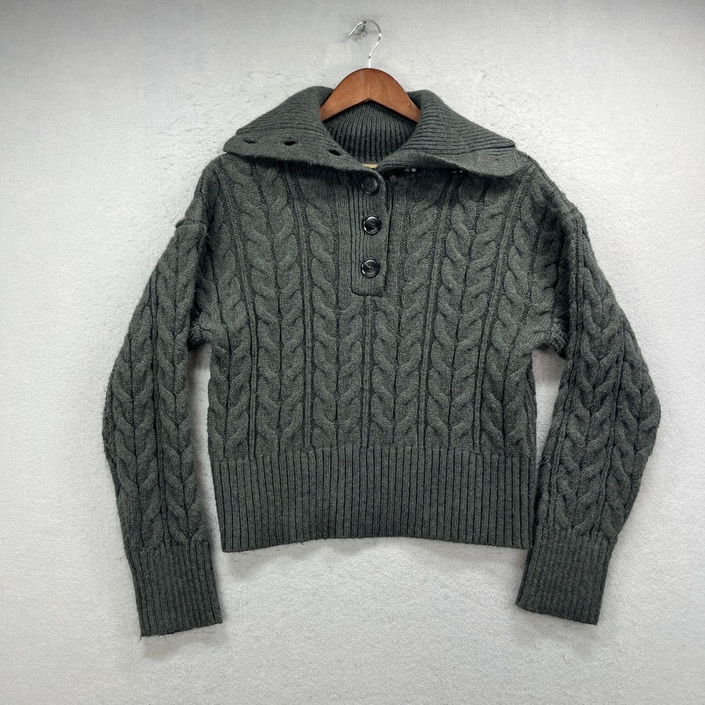 Magaschoni Cable Knit Sweater Womens Medium Gray Turtleneck Button Up Pullover